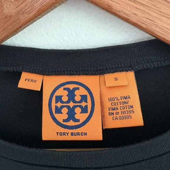 Tory Burch Black Long Sleeve Top Gold Metallic Logo 100% Cotton Small - Picture 2 of 9